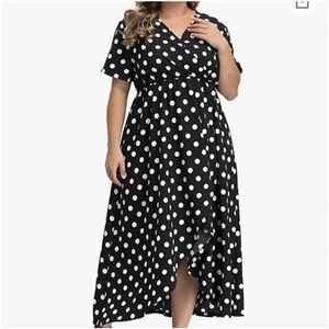 Allegrace (Amazon) Black & White Polka Dot Wrap Maxi Dress, Size 1X